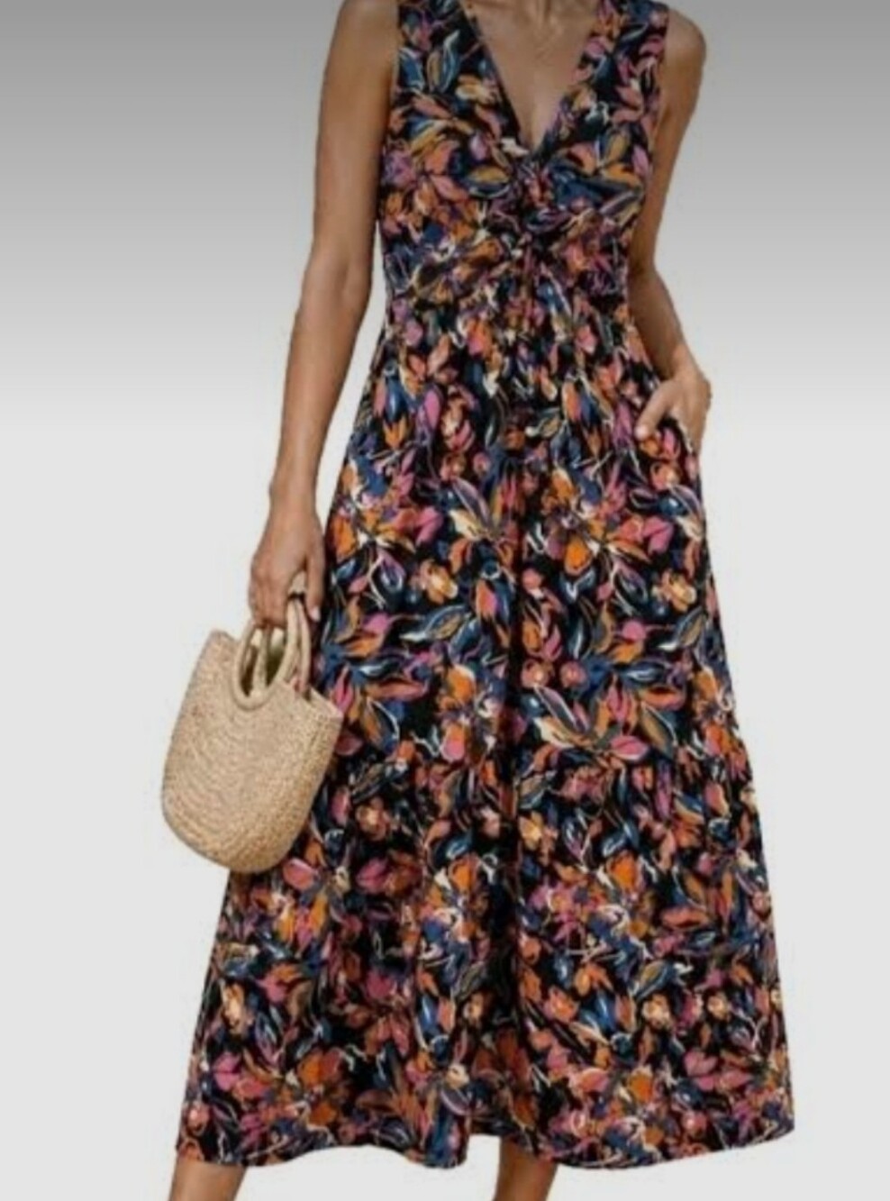 French Connection Black Floral V-Neck Maxi Dress with Orange and Pink Accents